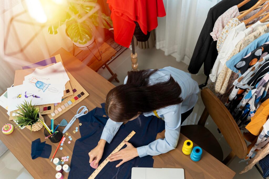 Dados confiáveis: a base para decisões mais rápidas e eficientes nas empresas Mulher costureira medindo tecido azul em uma mesa de trabalho.